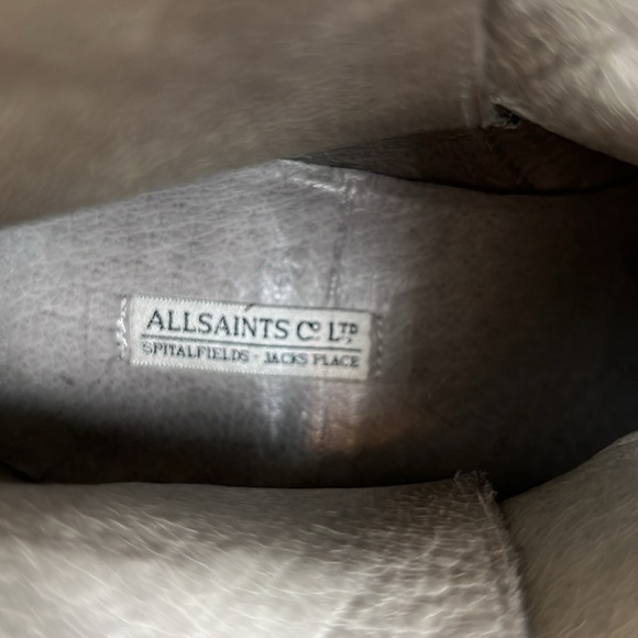 All Saints Grey Suede Split Shaft Block Heel Ankle Booties Boots 38 Leather - Picture 9 of 10